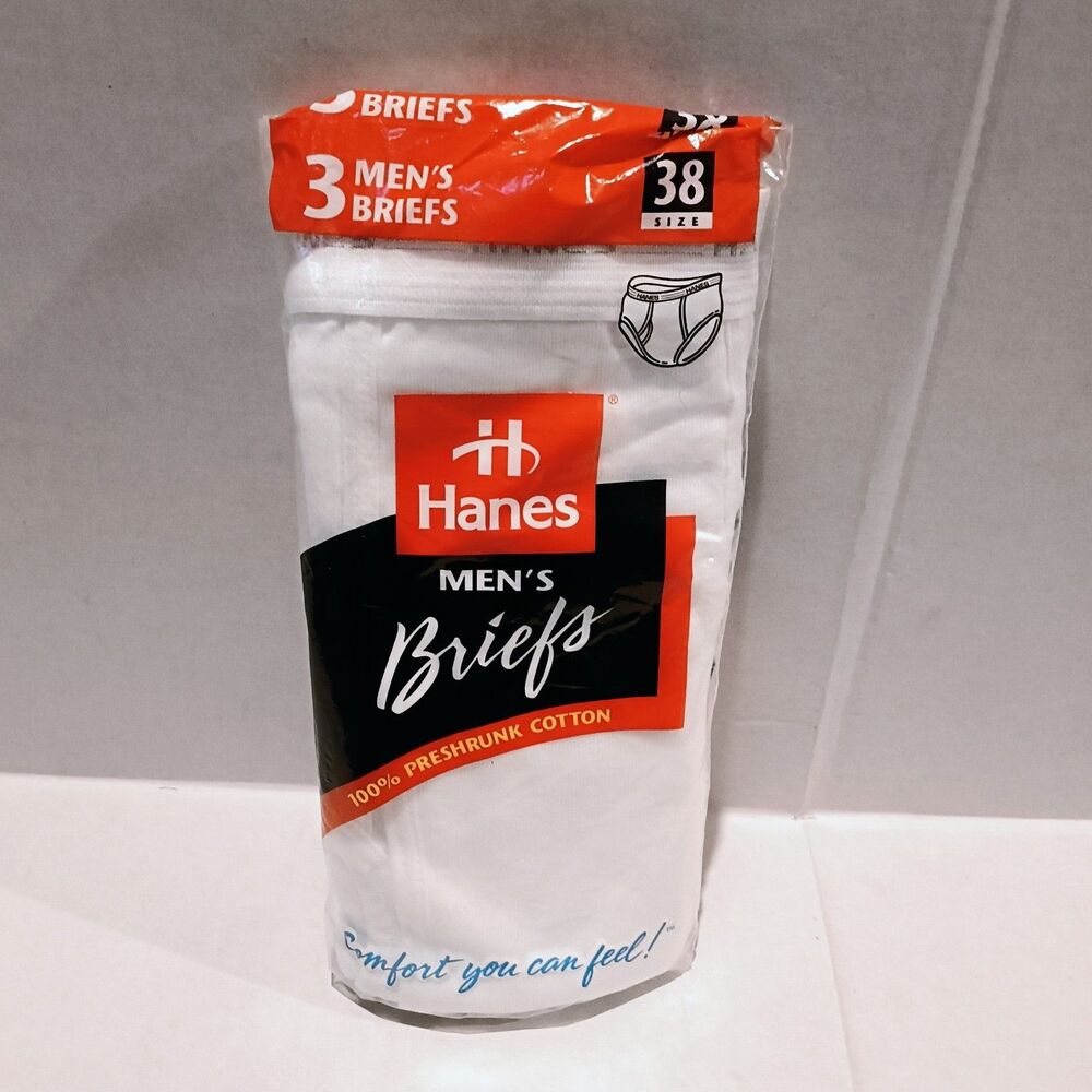 Vintage Hanes Mens Briefs-Large-3 Pack-1997-Preshrunk Cotton-White-NEW